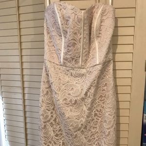 Blush/white strapless midi dress